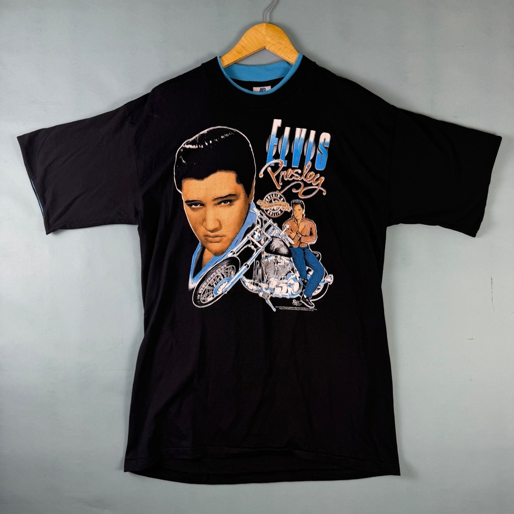 Vintage 1991 Belton Elvis Presley Mens L Black Motorcycle T Shirt Made in USA